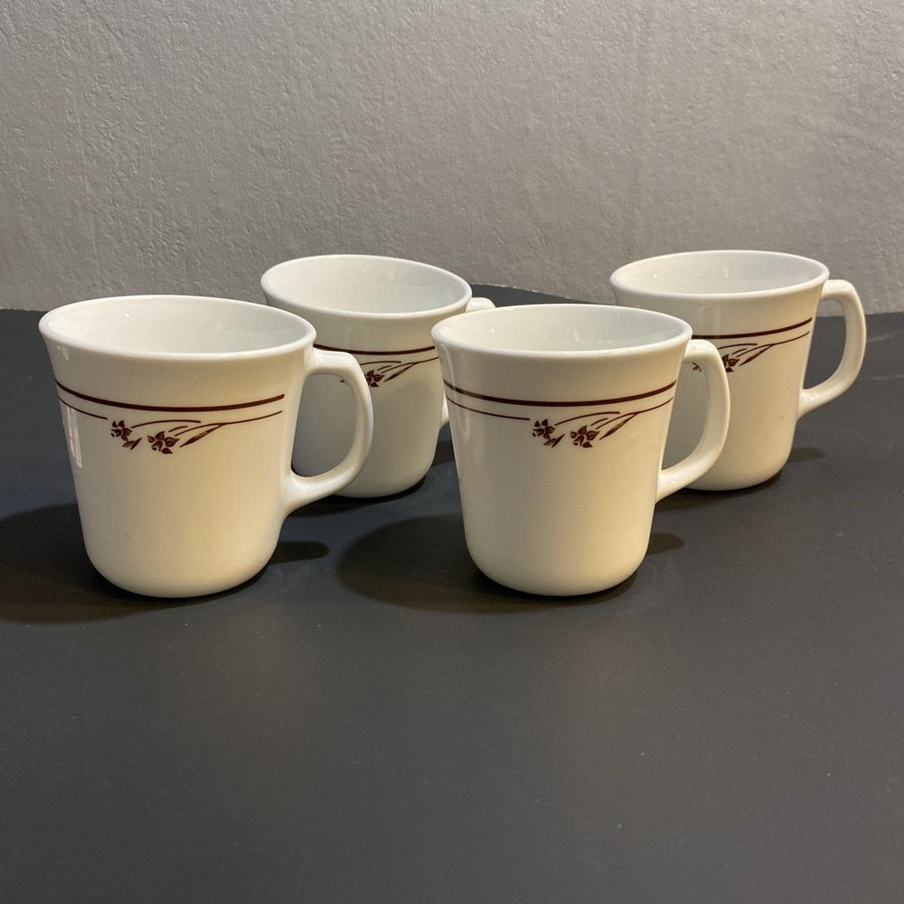 Vintage Brown Flower Corning Ware Melody Coffee Mugs‎ / Cups Set of 4 USA Made